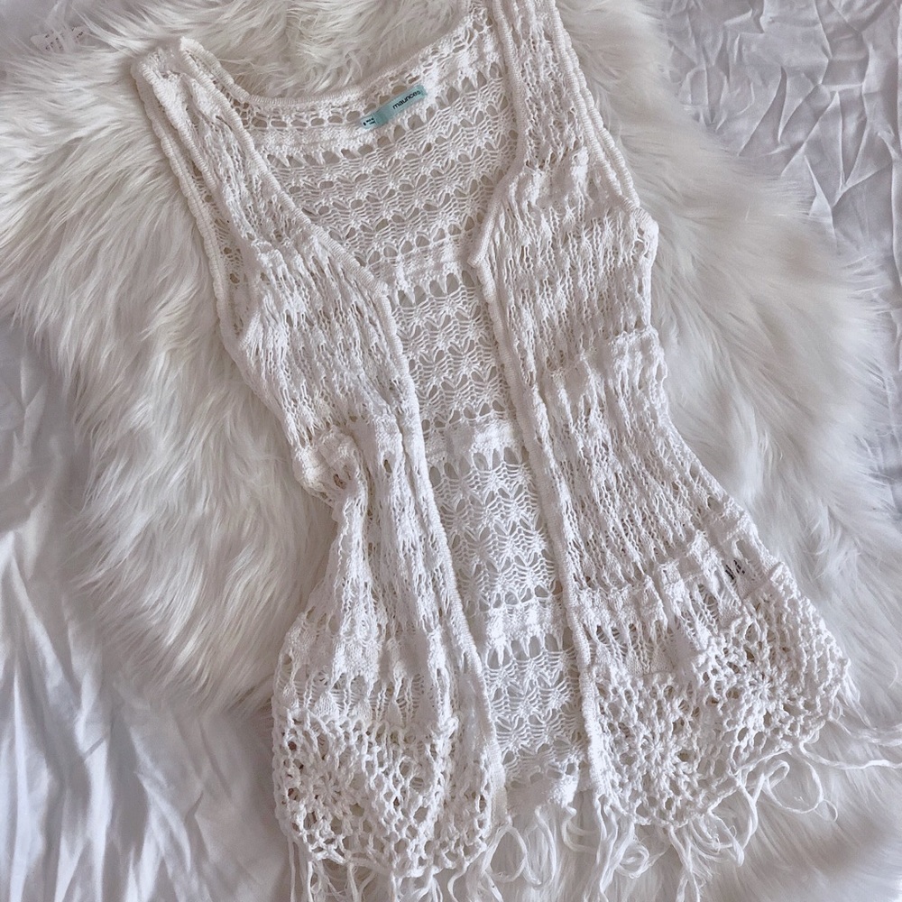 White crochet fringe vest